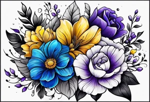 Arm sleeve with purple, yellow and blue flowers tattoo idea