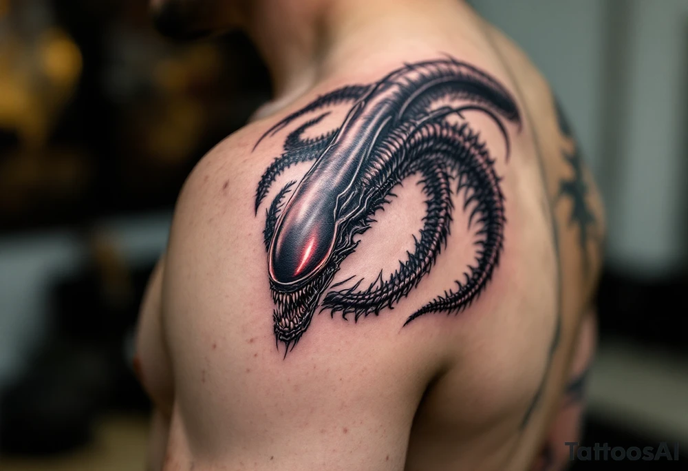 Xenomorph’s full body forming a spiral pattern, blackened body twisted with glowing red and green highlights throughout the movement. tattoo idea