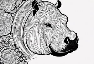 Very asymmetrical, +geometric pattern, with realistic full moon, with seeious looking hippo, +zen feel, + Buddhism touch,
with wintersweet flower bud, +portrait orientation, +inkart touch, tattoo idea