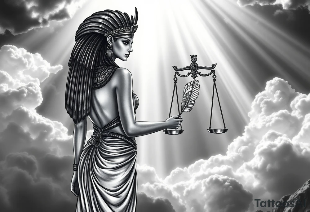 beautiful Egyptian goddess stands with her back slightly turned, accentuating her figure. Wearing a silk gown. She wears an elaborate ostrich feather headdress and ornate, intricate ancient Egyptian jewelry draped across her body. Her expression is mysterious and confident. In one hand, she holds the Scales of Justice: one side holds a radiant, glowing heart; the other, Ma’at’s feather. The scales themselves shimmer with an otherworldly light.
The background is a surreal, heavenly landscape filled with luminous clouds and beams of divine light piercing through, creating dramatic contrasts of deep shadows and highlights. The entire scene is bathed in an ethereal, mystical glow, with a dreamlike, almost supernatural atmosphere. tattoo idea