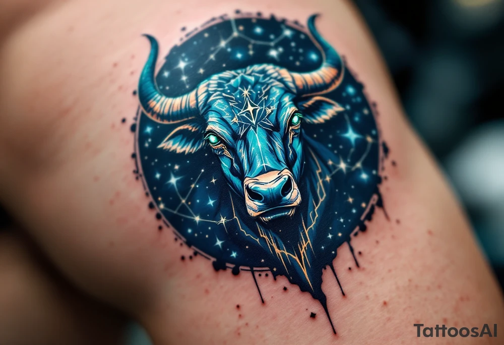 Taurus, the emerald-eyed bull, anchors its star constellation in a sea of midnight blue. tattoo idea