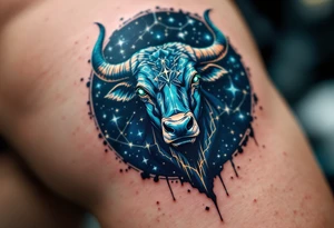 Taurus, the emerald-eyed bull, anchors its star constellation in a sea of midnight blue. tattoo idea