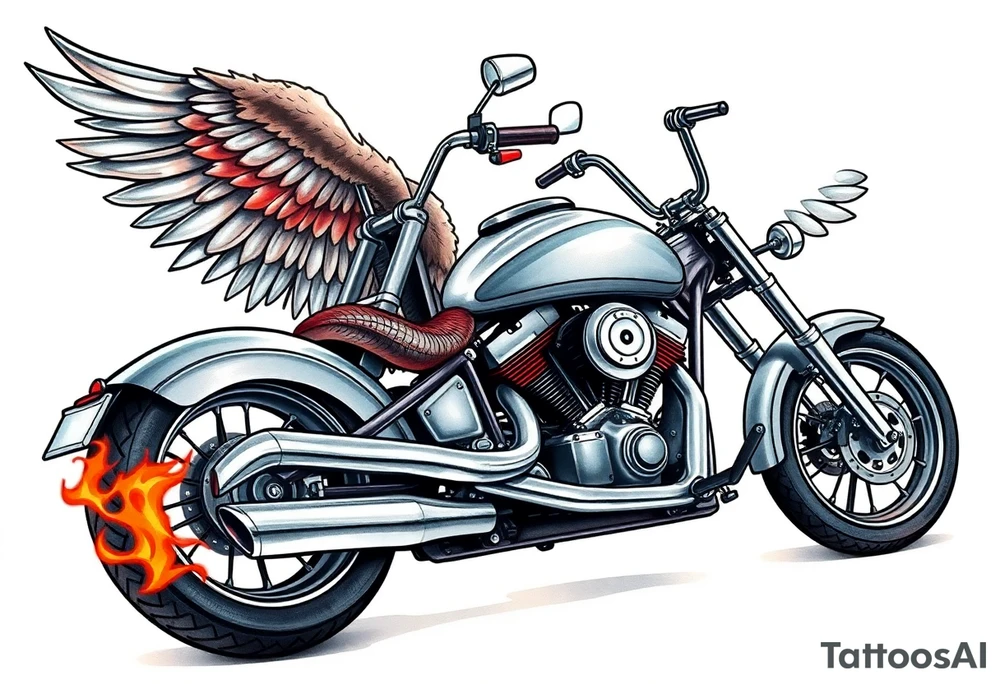 Low rider grey motorcycle, big muffler pipes with flames, angel wings, driving away, no person tattoo idea