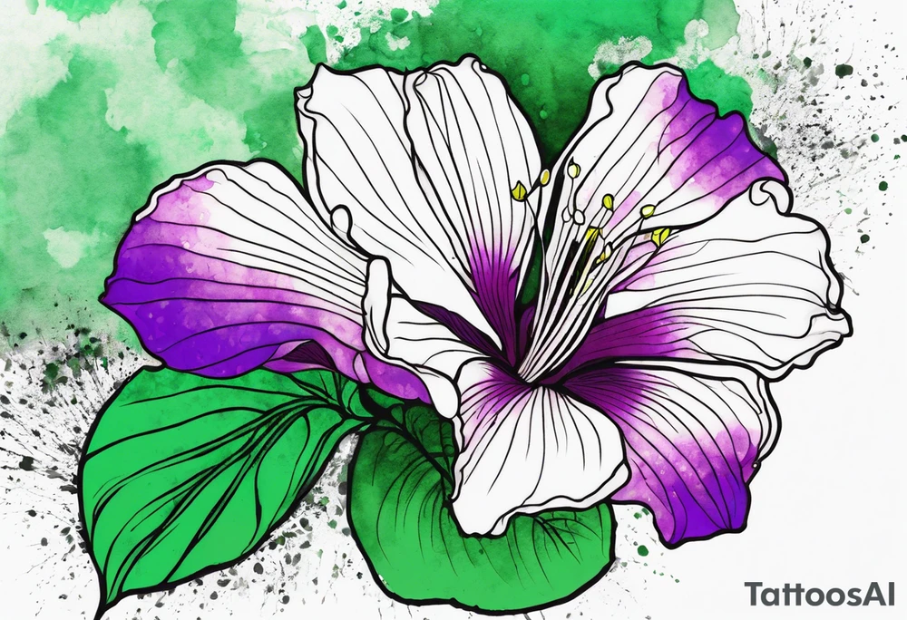 An outline of a rio dipladenia flower with a mystical green/purple watercolor splash in the background tattoo idea
