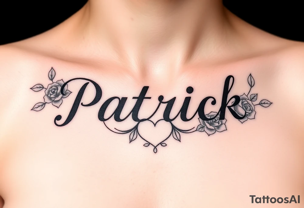The name Patrick with roses and hearts tattoo idea