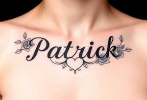 The name Patrick with roses and hearts tattoo idea