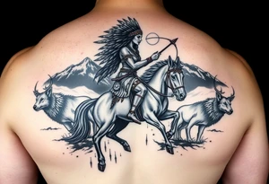 Native warrior women riding a horse with a strong bow and arrow, Surrounded by wolves & deer & blood splatter, the mountain background, a dark night with the moon in the sky tattoo idea