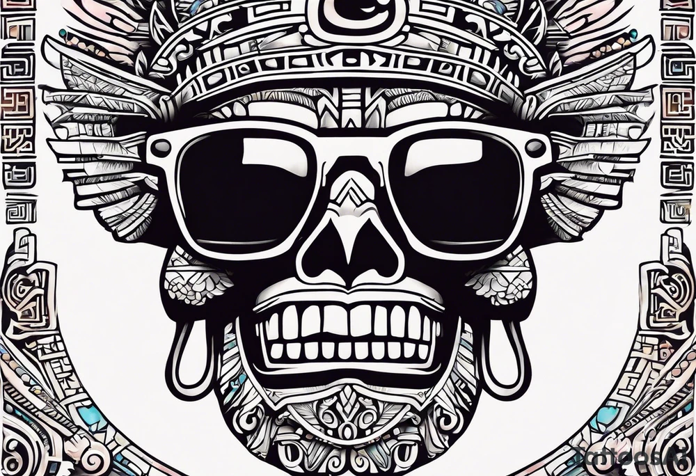 Colorful ancient Mayan hieroglyph wearing sunglasses tattoo idea Colorful ancient Mayan hieroglyph wearing sunglasses tattoo idea