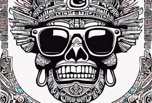 Colorful ancient Mayan hieroglyph wearing sunglasses tattoo idea