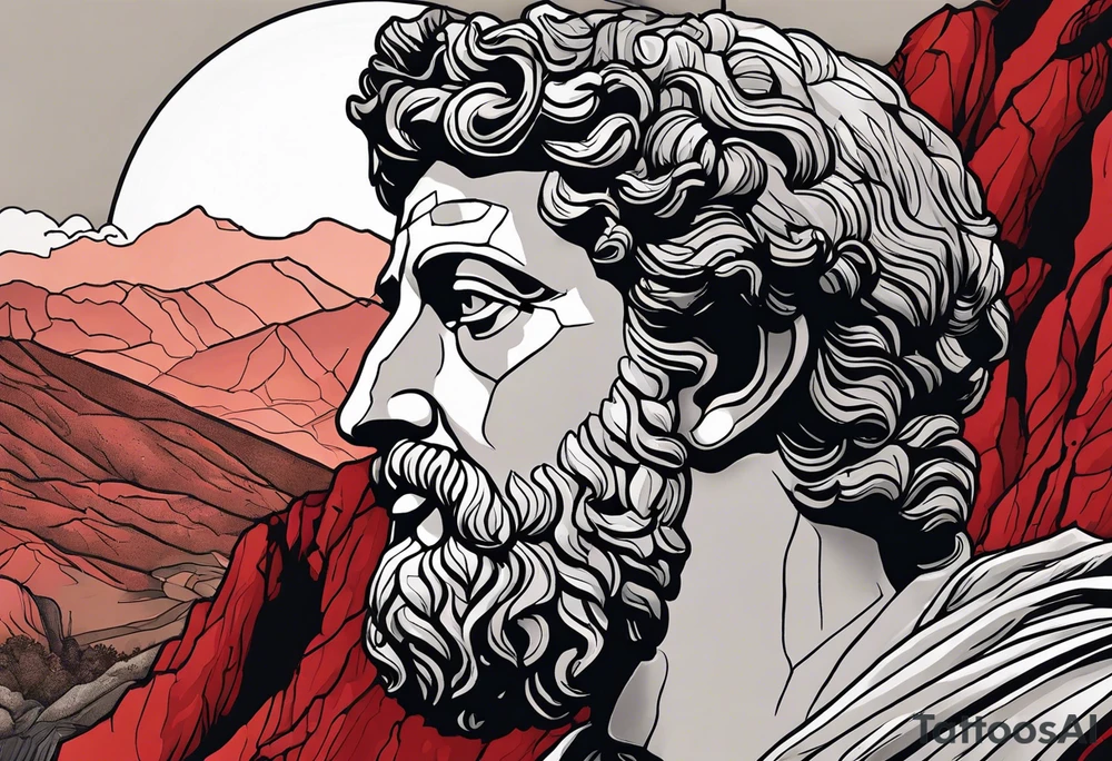 A grey statue of the face of Marcus Aurelius looking toward the observer in a 25 degree angle. The bottom left part of the statue is broken. The Background are mountains in a red hue. tattoo idea