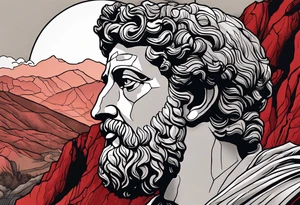 A grey statue of the face of Marcus Aurelius looking toward the observer in a 25 degree angle. The bottom left part of the statue is broken. The Background are mountains in a red hue. tattoo idea