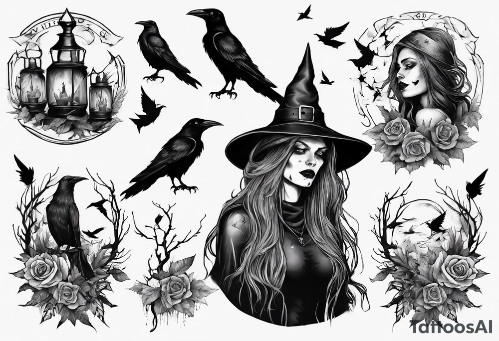 witch with crows, no roses or flowers tattoo idea
