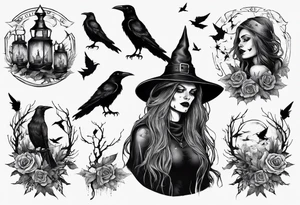 witch with crows, no roses or flowers tattoo idea