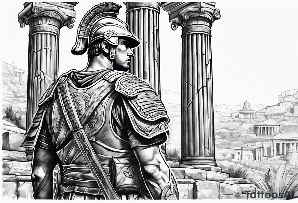 Roman solider looking at distant pillars tattoo idea