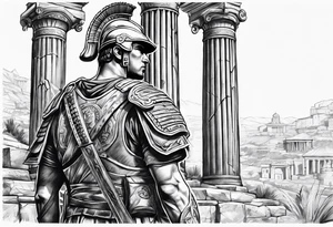 Roman solider looking at distant pillars tattoo idea