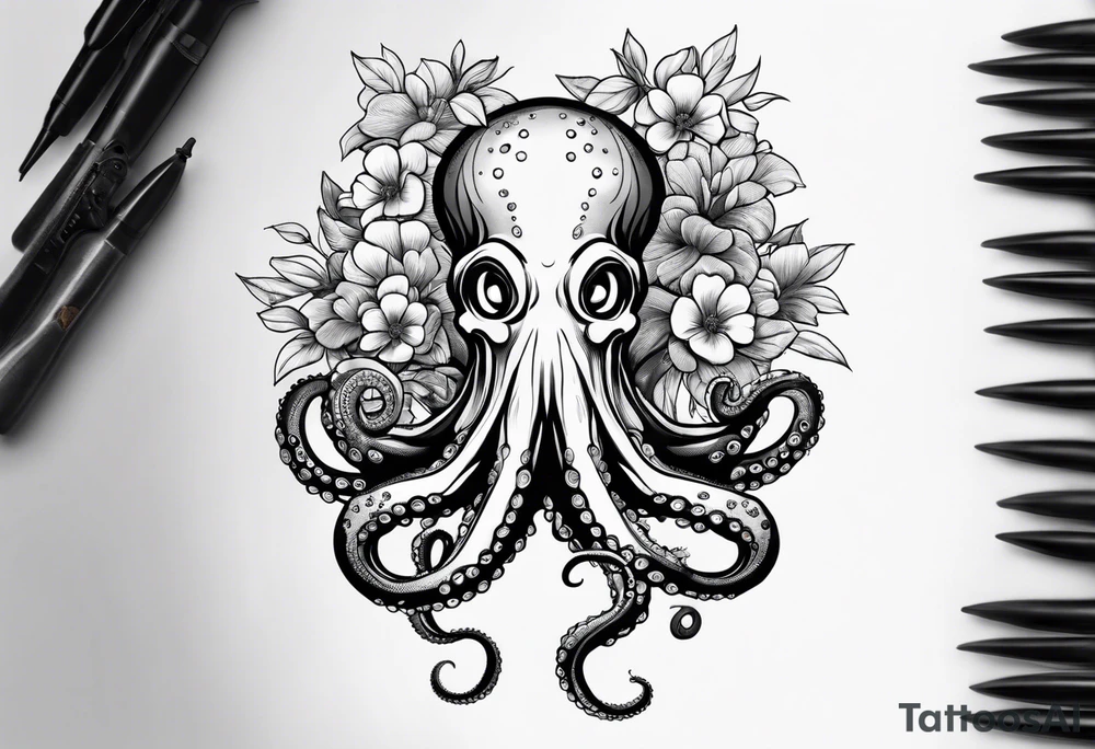 octopus holding flowers tattoo idea