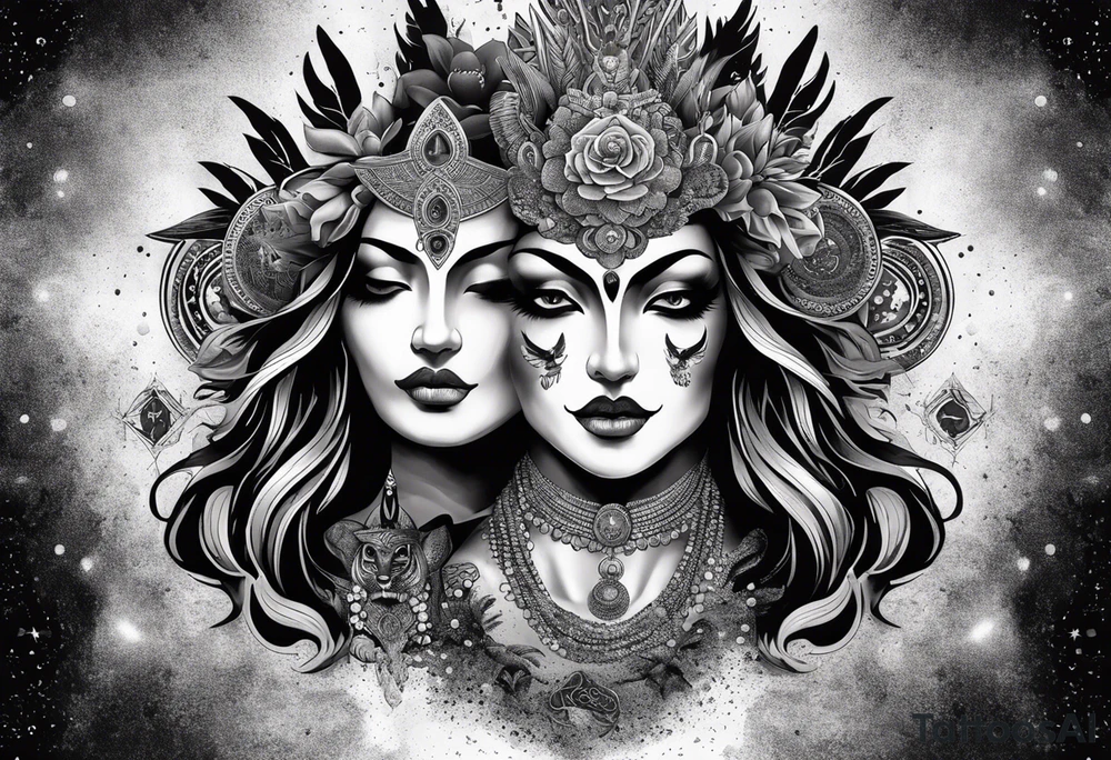 black kali, goddess pirate, alien, angel, pachamama, valkrye, warrior, flying, skull, lotus azul, wing, eagle, zenza resonance, stars, 5D, anahata chakra, death, durga, riding on a tiger, flying lady, kundalini, chest tatoo, samuri, rebel, serpent tattoo idea