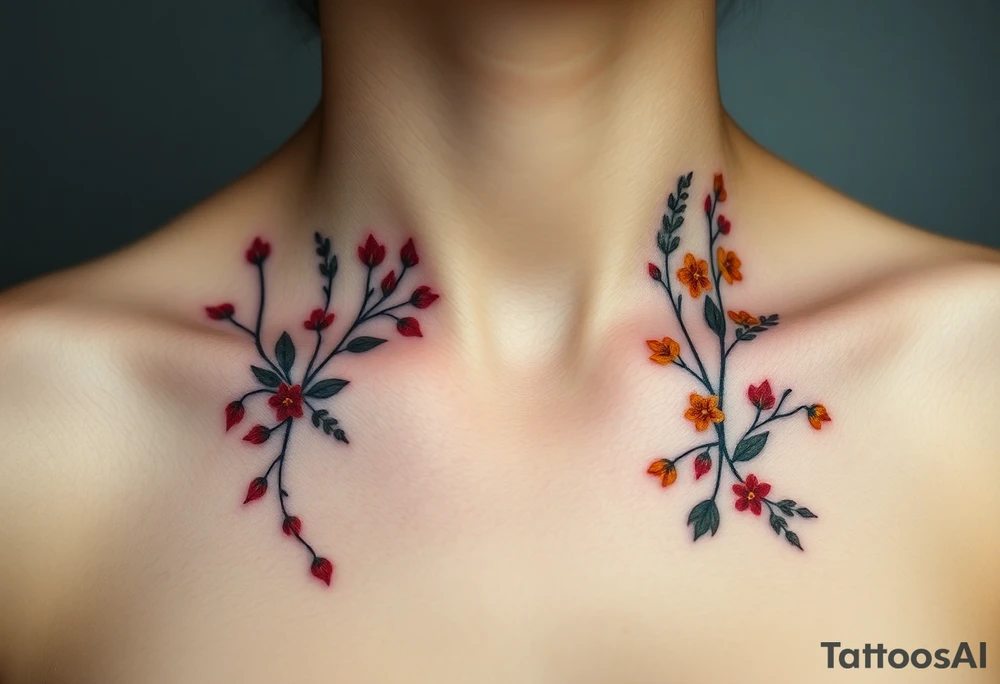 Two separate collarbone tattoos of long, thin stems and branches covered with red, orange, yellow and dark forest green leaves and flowers, muted and light, delicate and gentle but moody tattoo idea