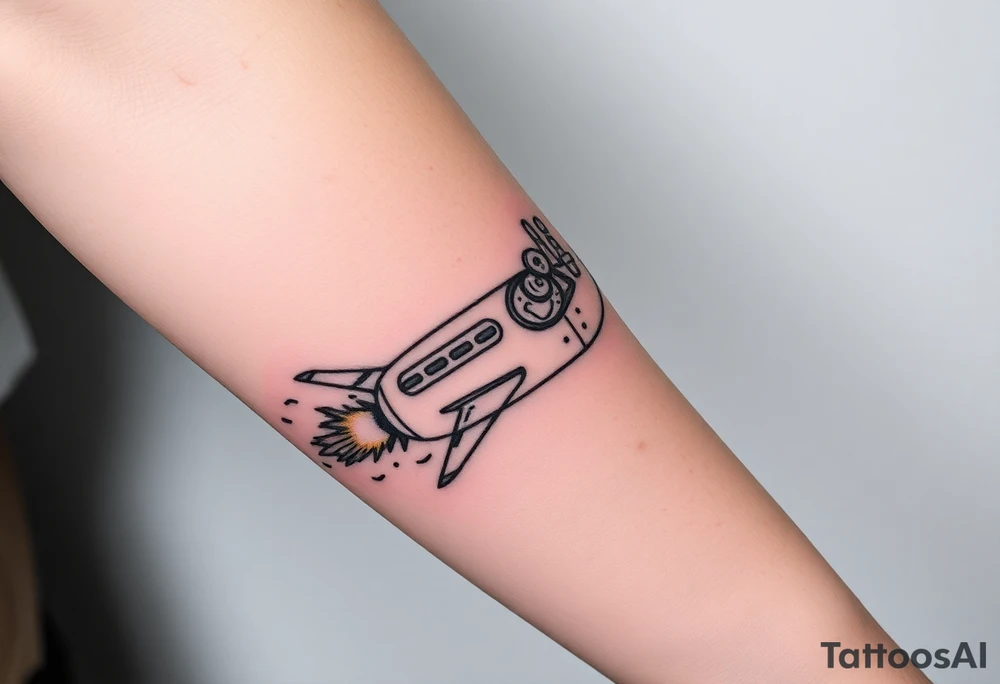 Busted Rocket ship with sparks coming out the back  with astronaut tattoo idea