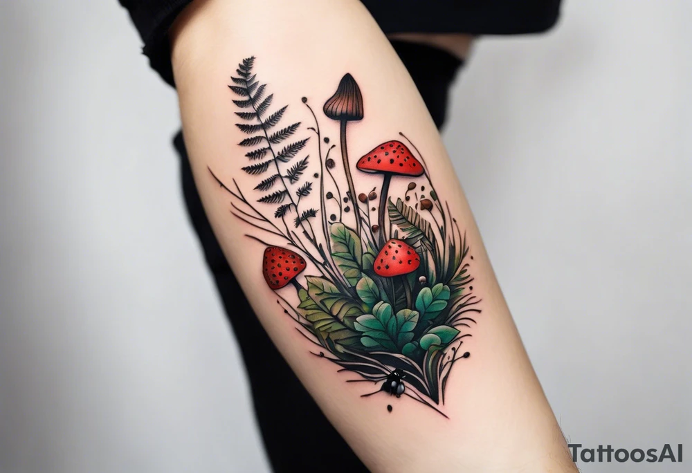 forest floor inspired minimalist tattoo, which includes grass, curly ferns and dead leaves as the bulk of the tattoo. details to include: three very tiny strawberries, a tiny bumblebee flying nearby, three small brown mushrooms
Generate a vertically long one tattoo idea