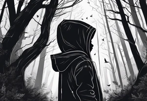 dark forest with alone child in hoody tattoo idea