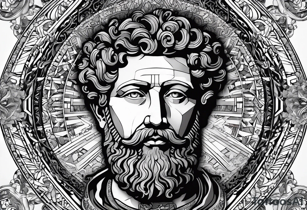 The Face of marcus aurelius with the lower left half missing. Geometric symbols framing the background tattoo idea