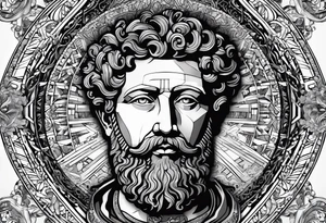 The Face of marcus aurelius with the lower left half missing. Geometric symbols framing the background tattoo idea