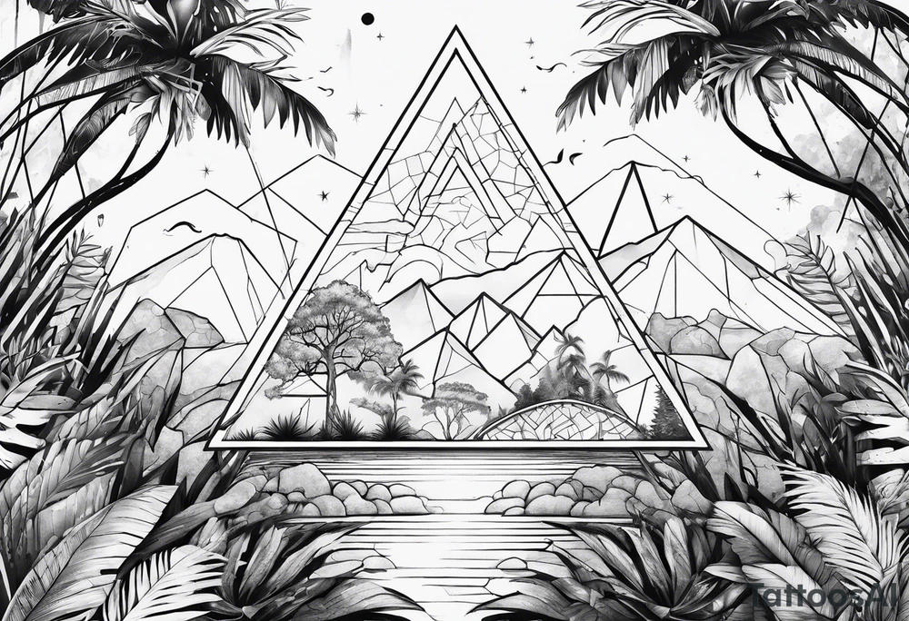 thick line art of space and jungle in triangle shape tattoo idea