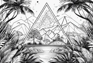 thick line art of space and jungle in triangle shape tattoo idea