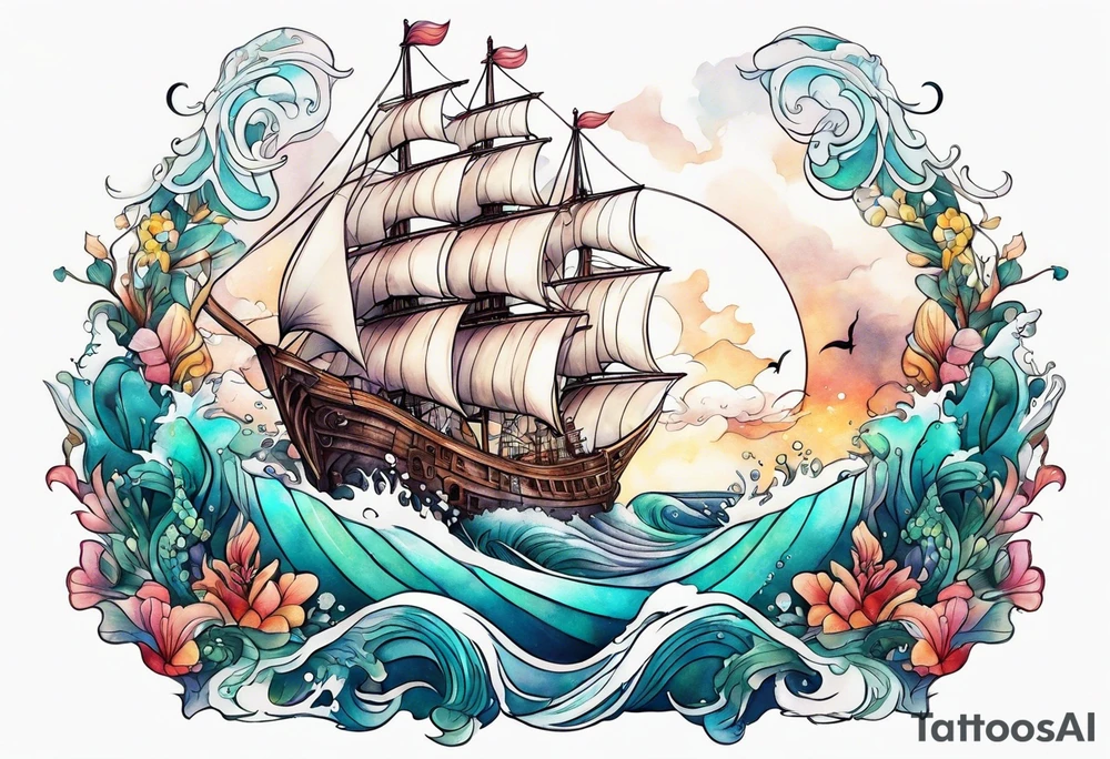 mermaid with galleon ship tattoo idea