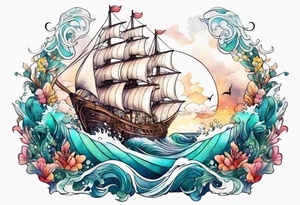 mermaid with galleon ship tattoo idea