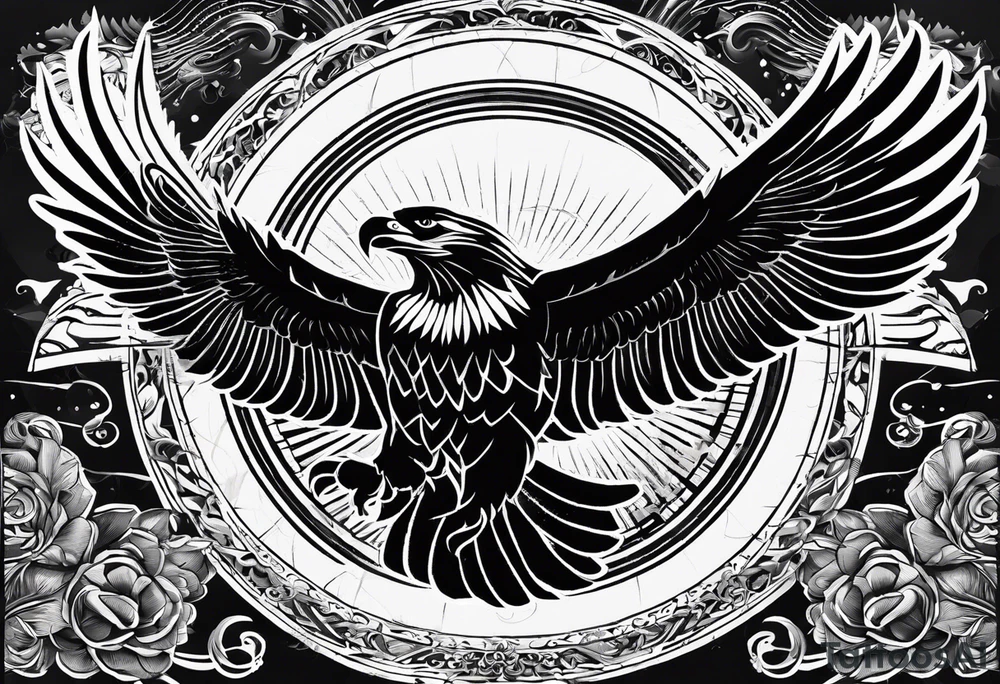 a sun with 21 ray in the background front of sun a simplified open wing eagle and in eagles left foot holding a kalashnikof right foot holding a reed tattoo idea