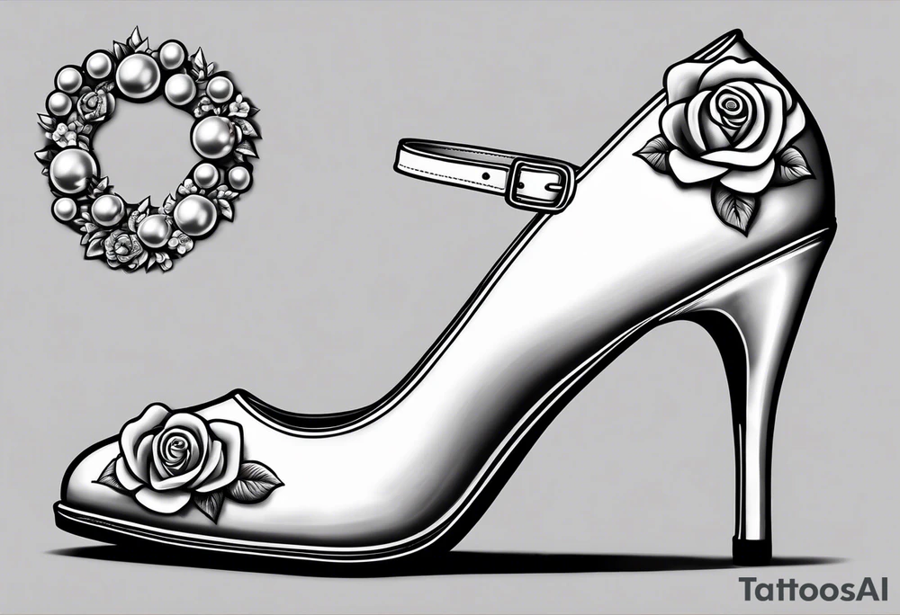 Pearl necklace wrapped around 1950s pinup pumps with roses surrounding tattoo idea