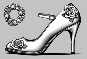 Pearl necklace wrapped around 1950s pinup pumps with roses surrounding tattoo idea