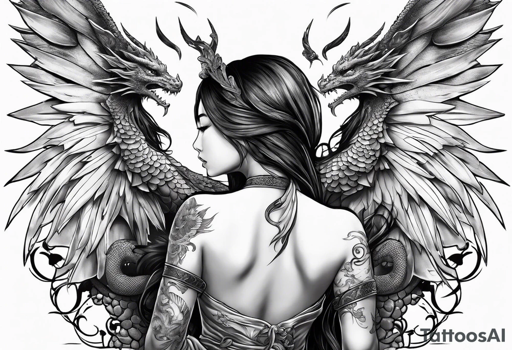 beautiful warrior nymph with large wings coming out of her back and a dragon friend tattoo idea