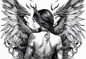 beautiful warrior nymph with large wings coming out of her back and a dragon friend tattoo idea