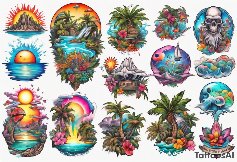 Psychedelic paradise island tattoo idea