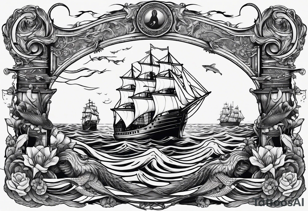 ship sinking with a mermaid on the right holding a rope the mermaid on the left holding a dagger tattoo idea