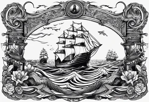 ship sinking with a mermaid on the right holding a rope the mermaid on the left holding a dagger tattoo idea