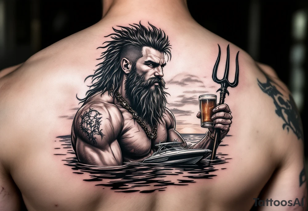 young, happy, fit, very short hair, poseidon in calm water, holding a trident, drinking a beer, with sunset, with ski boat tattoo idea