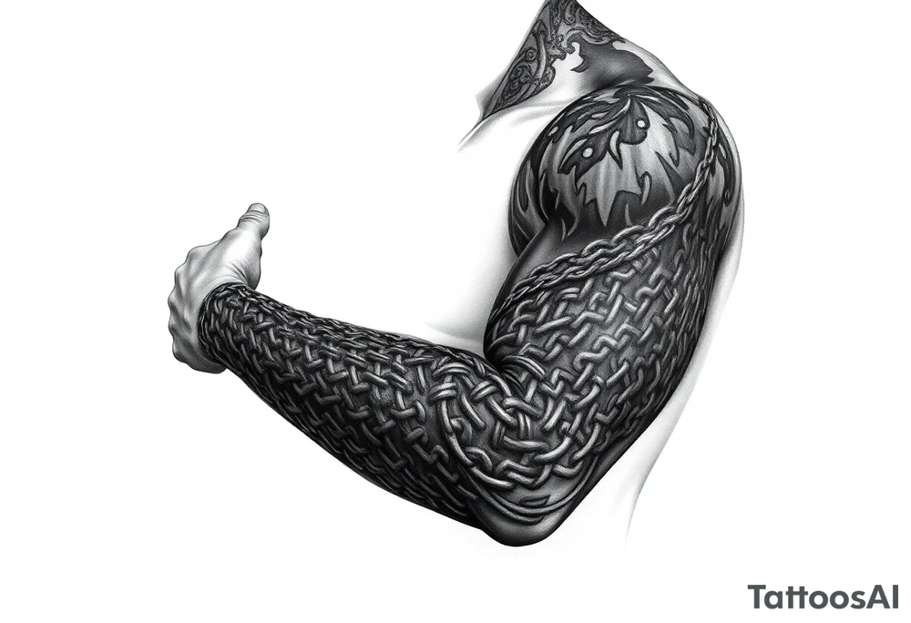 Huge shoulder tattoo of chainmail covering entire arm up to neck tattoo idea