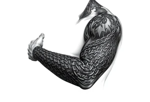 Huge shoulder tattoo of chainmail covering entire arm up to neck tattoo idea