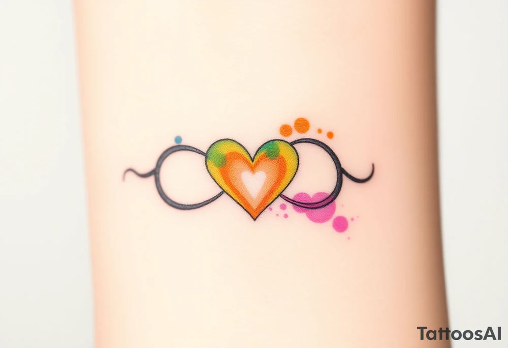 A watercolor infinity symbol with heart in rainbow colors tattoo idea