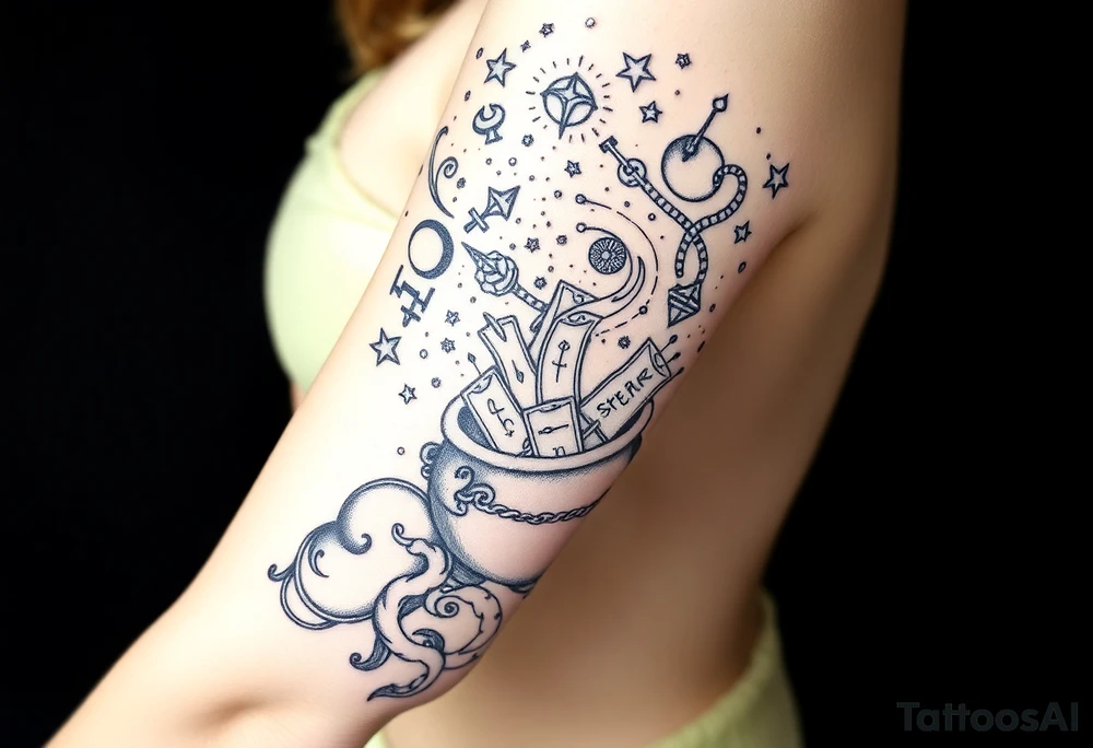 Milky way filled with zodiac symbols runes tarot cards coming out of a cauldron tattoo idea