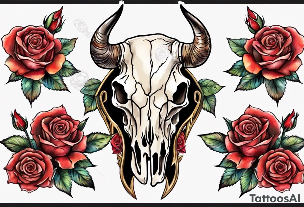 bull skull with roses tattoo idea