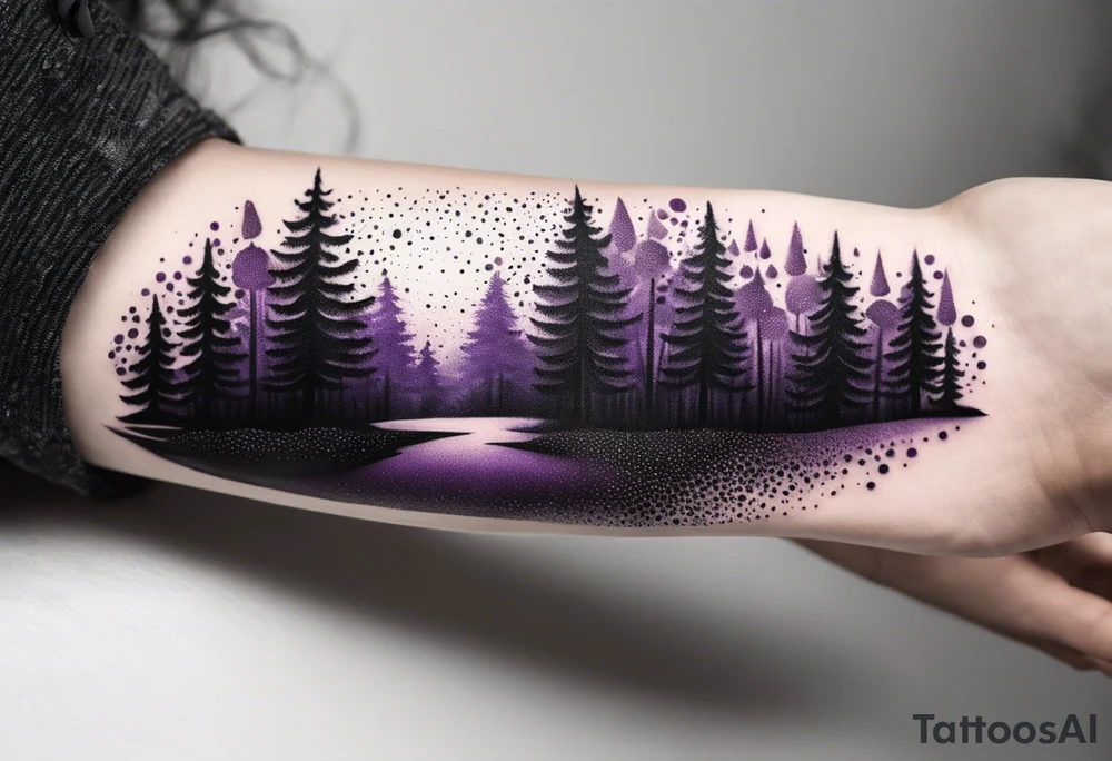 forest, purple and black, covered from wrist to forearm, fully covered, no borders, blackwork tattoo idea