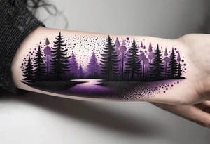 forest, purple and black, covered from wrist to forearm, fully covered, no borders, blackwork tattoo idea