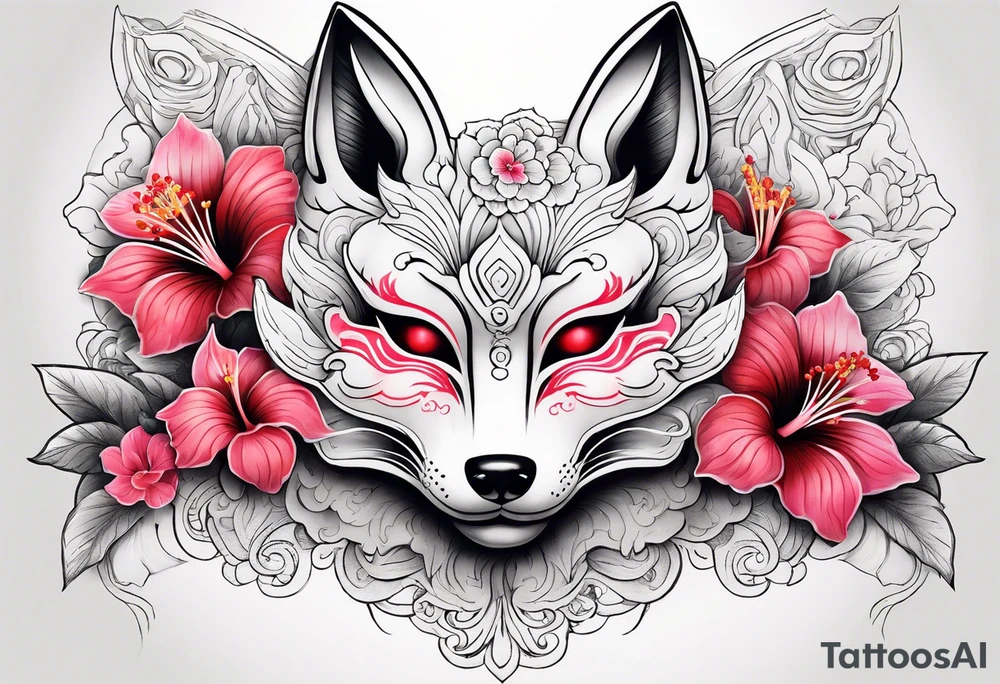 White japanese mask that looks like a kitsune with red accents and pink hibiscus flowers tattoo idea