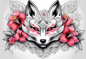 White japanese mask that looks like a kitsune with red accents and pink hibiscus flowers tattoo idea