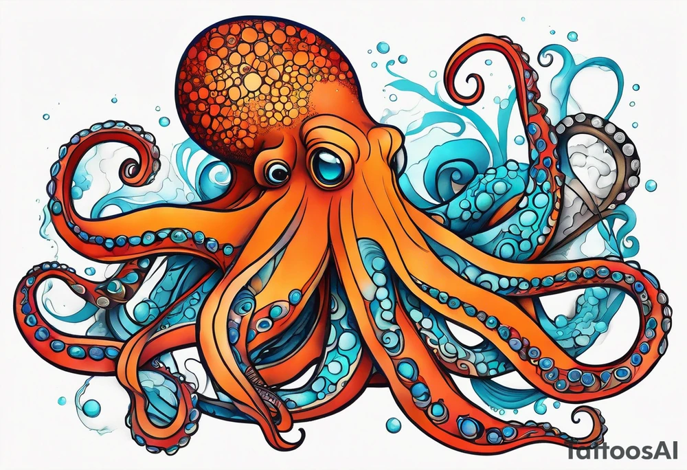 Orange and red Octopus with blue and teal suckers tattoo idea